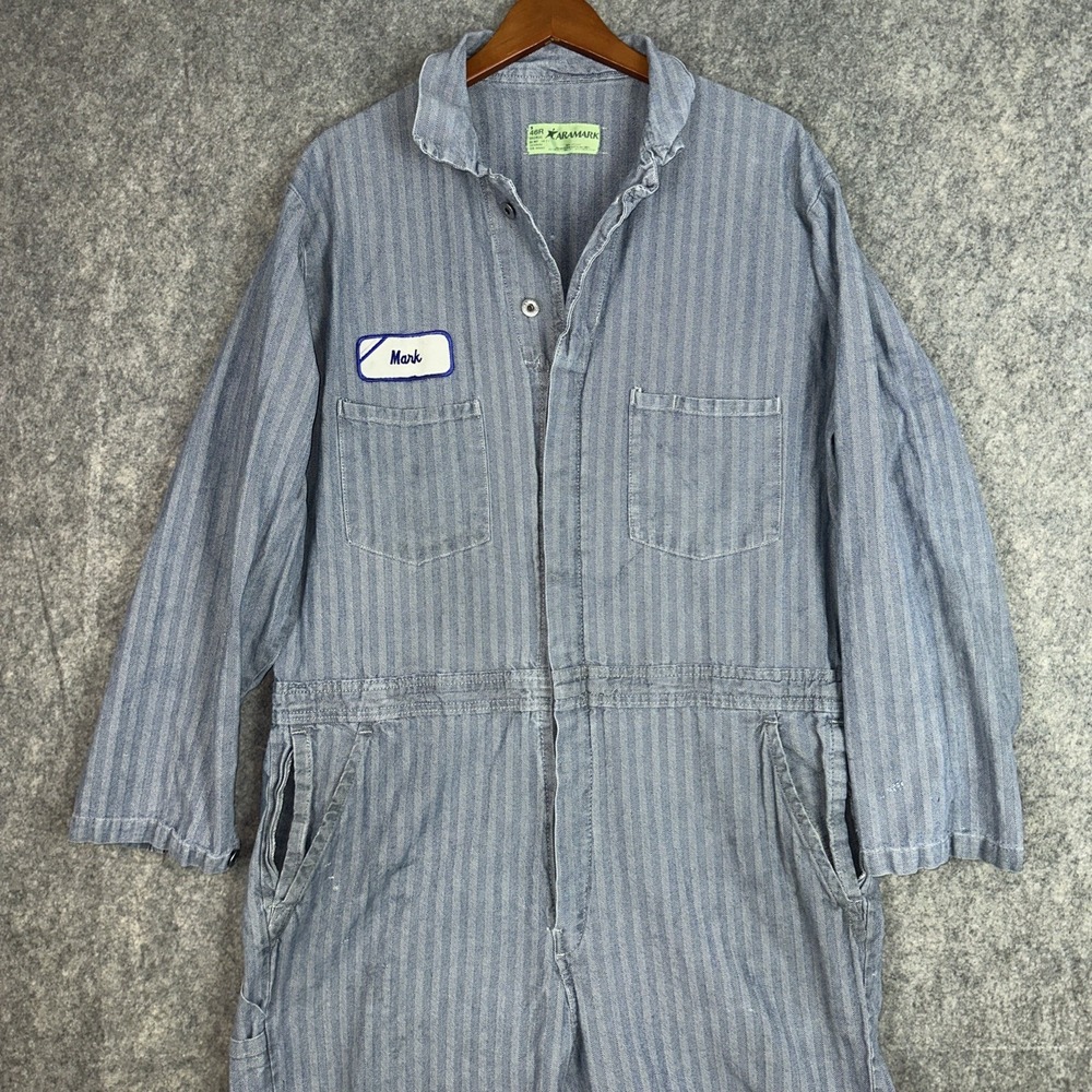 Aramark Coverall Men 46R Blue Railroad Conductor Stripe Cotton Mechanic Jumpsuit